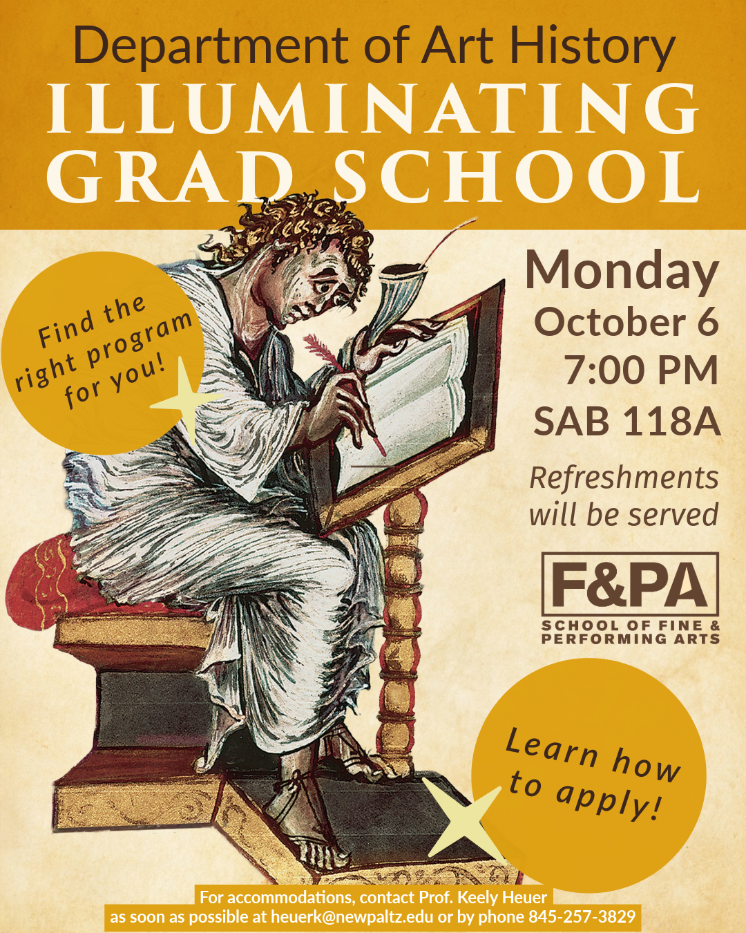 detail of St. Mark writing at a lectern from an illuminated manuscript for a flyer for Art History's Workshop about Graduate School